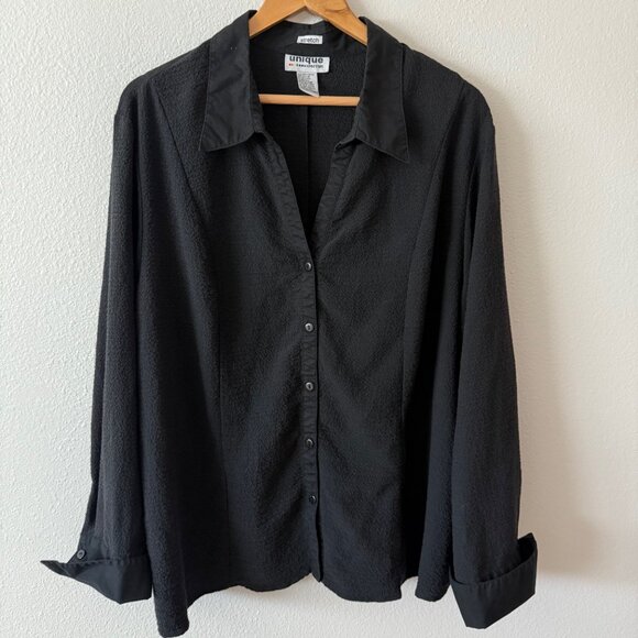 Unique Spectrum Stretch Black Crinkled Button Down Shirt Size 26W/28W - Picture 1 of 9